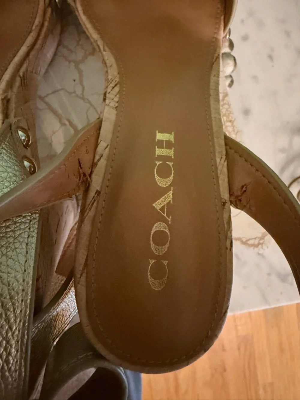 Coach Metallic Gold Cork Platform Sandals with Stud Detail - Picture 6 of 7